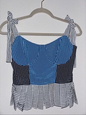 Katherine Kidd Polka Dot Tie-Shoulder Cropped Pleated Peplum Top